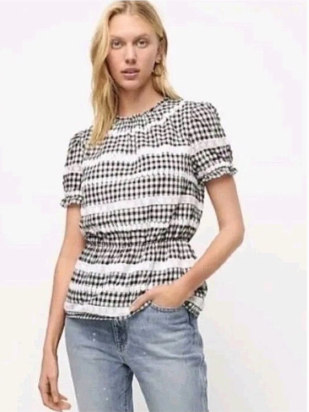 J. Crew Black & White Gingham Lace-Trim Blouse
